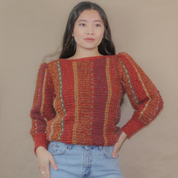 Vintage Sweaters - vtg 70s autumn leaves puff sleeves sweater